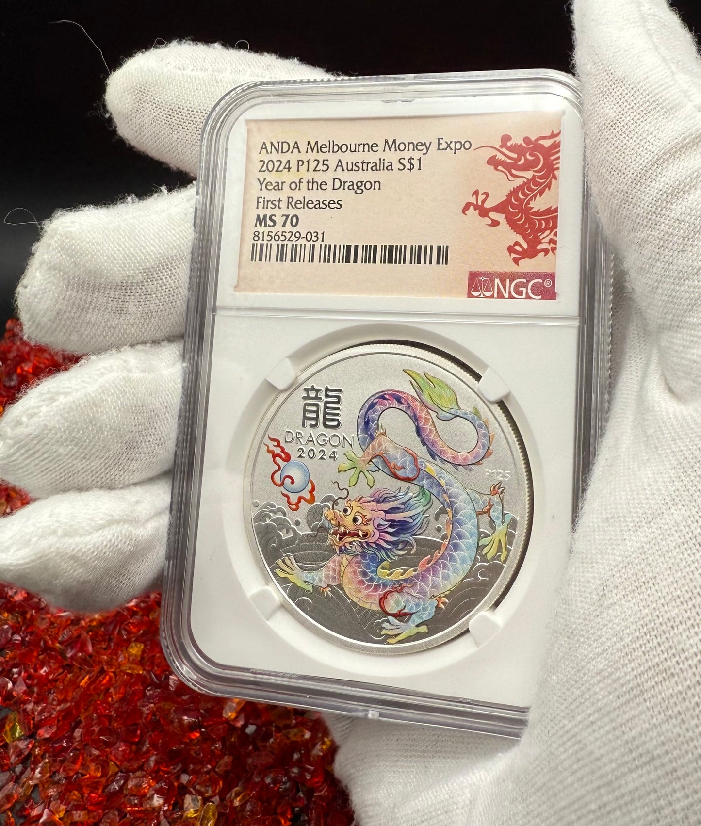 2024 P125 Silver $1 Australia Lunar Series III Year of the Dragon White Colorized NGC MS70 First Releases ANDA Melbourne Money Expo Red Lunar Label New Holder (Rare 1 of 114)