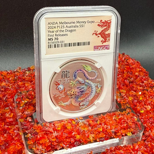 2024 P125 Silver $1 Australia Lunar Series III Year of the Dragon White Colorized NGC MS70 First Releases ANDA Melbourne Money Expo Red Lunar Label New Holder (Rare 1 of 114)