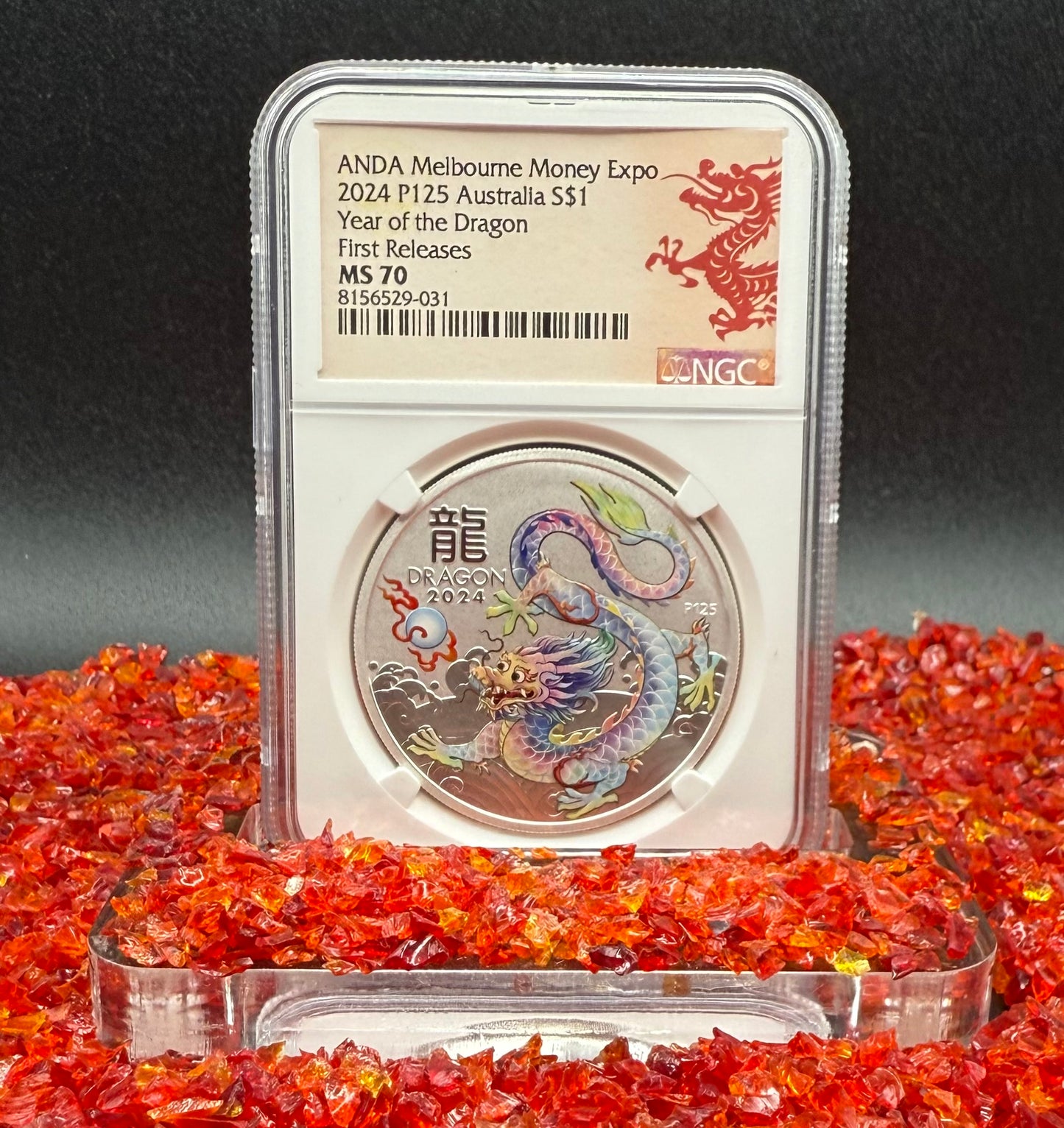2024 P125 Silver $1 Australia Lunar Series III Year of the Dragon White Colorized NGC MS70 First Releases ANDA Melbourne Money Expo Red Lunar Label New Holder (Rare 1 of 114)