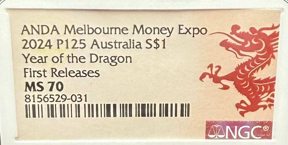 2024 P125 Silver $1 Australia Lunar Series III Year of the Dragon White Colorized NGC MS70 First Releases ANDA Melbourne Money Expo Red Lunar Label New Holder (Rare 1 of 114)