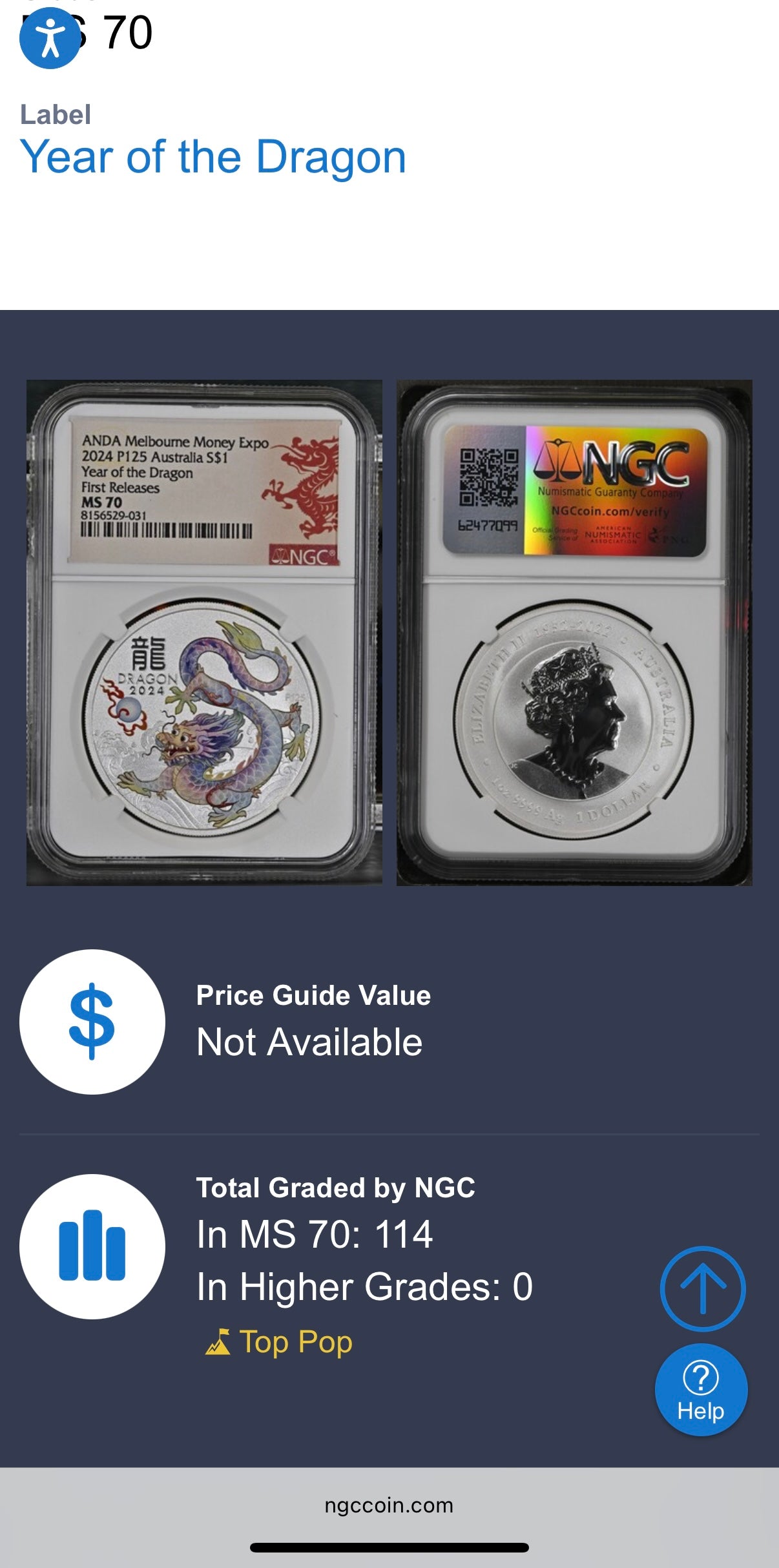 2024 P125 Silver $1 Australia Lunar Series III Year of the Dragon White Colorized NGC MS70 First Releases ANDA Melbourne Money Expo Red Lunar Label New Holder (Rare 1 of 114)