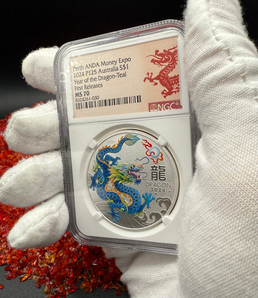 2024 P125 Silver $1 Australia Lunar Series III Year of the Dragon Teal Colorized NGC MS70 First Releases Perth ANDA Money Expo Red Lunar Label New Holder (Rare 1 of 173)