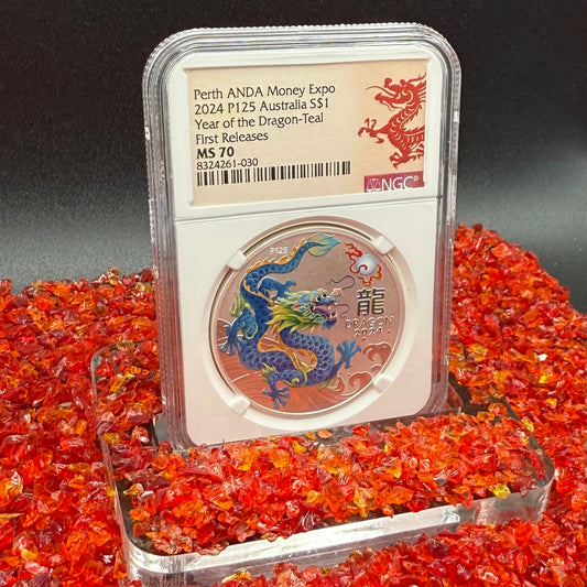 2024 P125 Silver $1 Australia Lunar Series III Year of the Dragon Teal Colorized NGC MS70 First Releases Perth ANDA Money Expo Red Lunar Label New Holder (Rare 1 of 173)