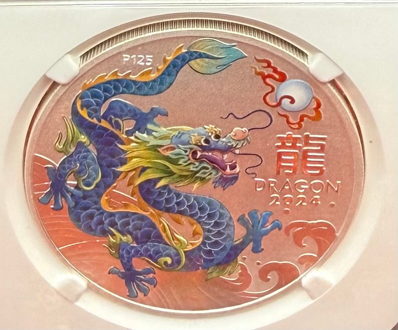2024 P125 Silver $1 Australia Lunar Series III Year of the Dragon Teal Colorized NGC MS70 First Releases Perth ANDA Money Expo Red Lunar Label New Holder (Rare 1 of 173)