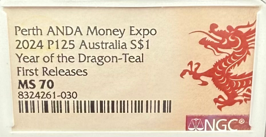 2024 P125 Silver $1 Australia Lunar Series III Year of the Dragon Teal Colorized NGC MS70 First Releases Perth ANDA Money Expo Red Lunar Label New Holder (Rare 1 of 173)