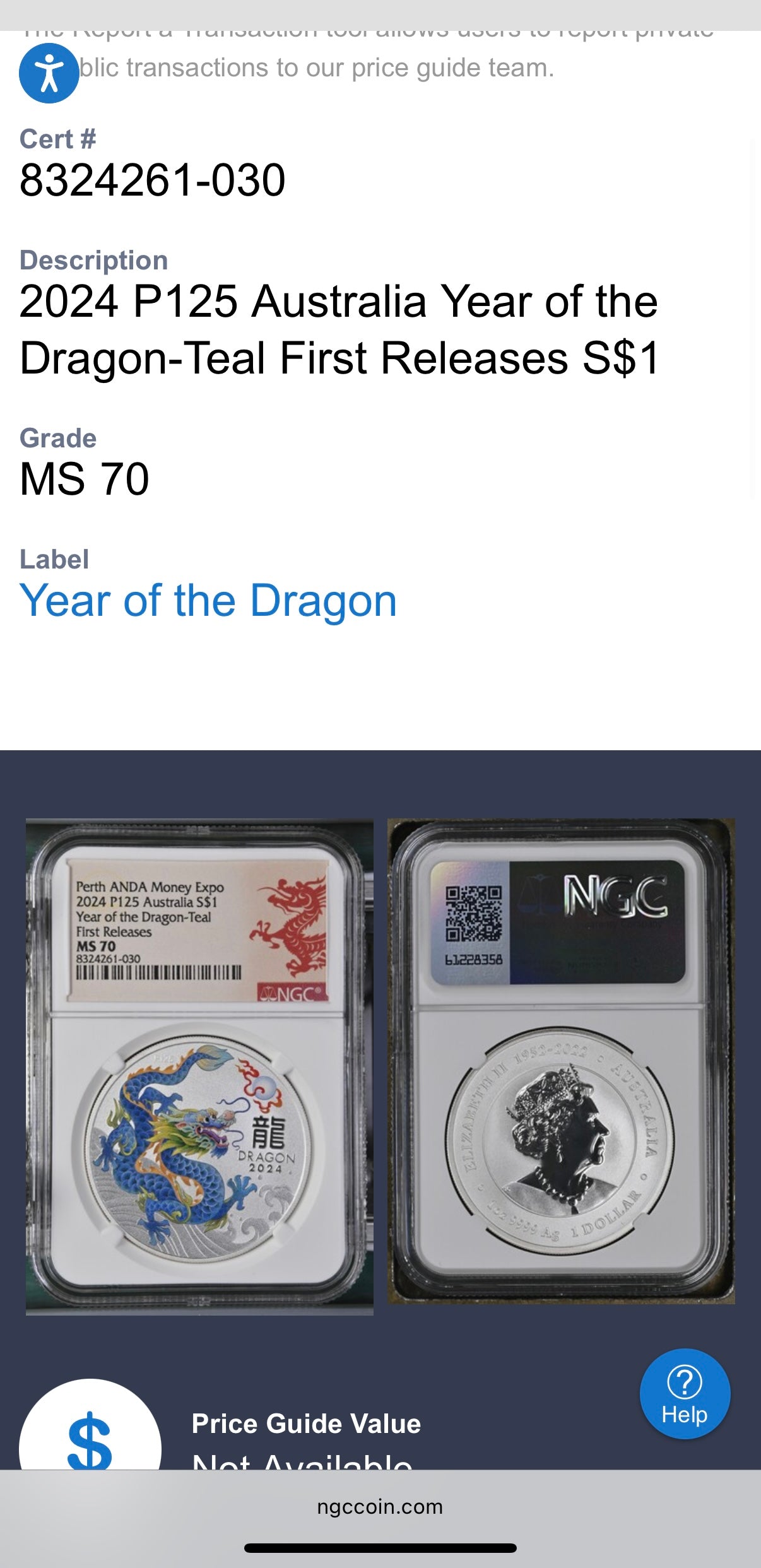 2024 P125 Silver $1 Australia Lunar Series III Year of the Dragon Teal Colorized NGC MS70 First Releases Perth ANDA Money Expo Red Lunar Label New Holder (Rare 1 of 173)