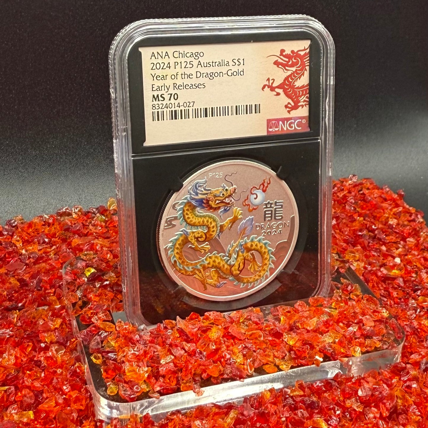2024 P125 Silver $1 Australia Lunar Series III Year of the Dragon Gold Colorized NGC MS70 Early Releases ANA Chicago Red Lunar Label Black Core New Holder (Rare 1 of 138)