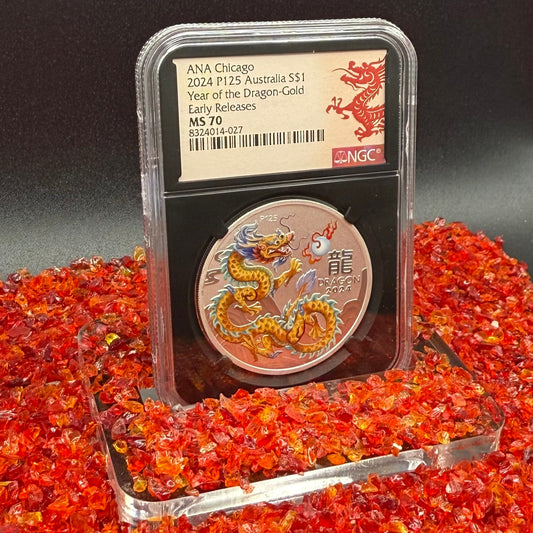 2024 P125 Silver $1 Australia Lunar Series III Year of the Dragon Gold Colorized NGC MS70 Early Releases ANA Chicago Red Lunar Label Black Core New Holder (Rare 1 of 138)
