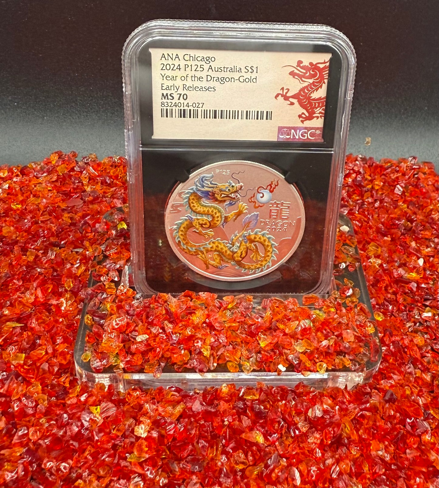 2024 P125 Silver $1 Australia Lunar Series III Year of the Dragon Gold Colorized NGC MS70 Early Releases ANA Chicago Red Lunar Label Black Core New Holder (Rare 1 of 138)
