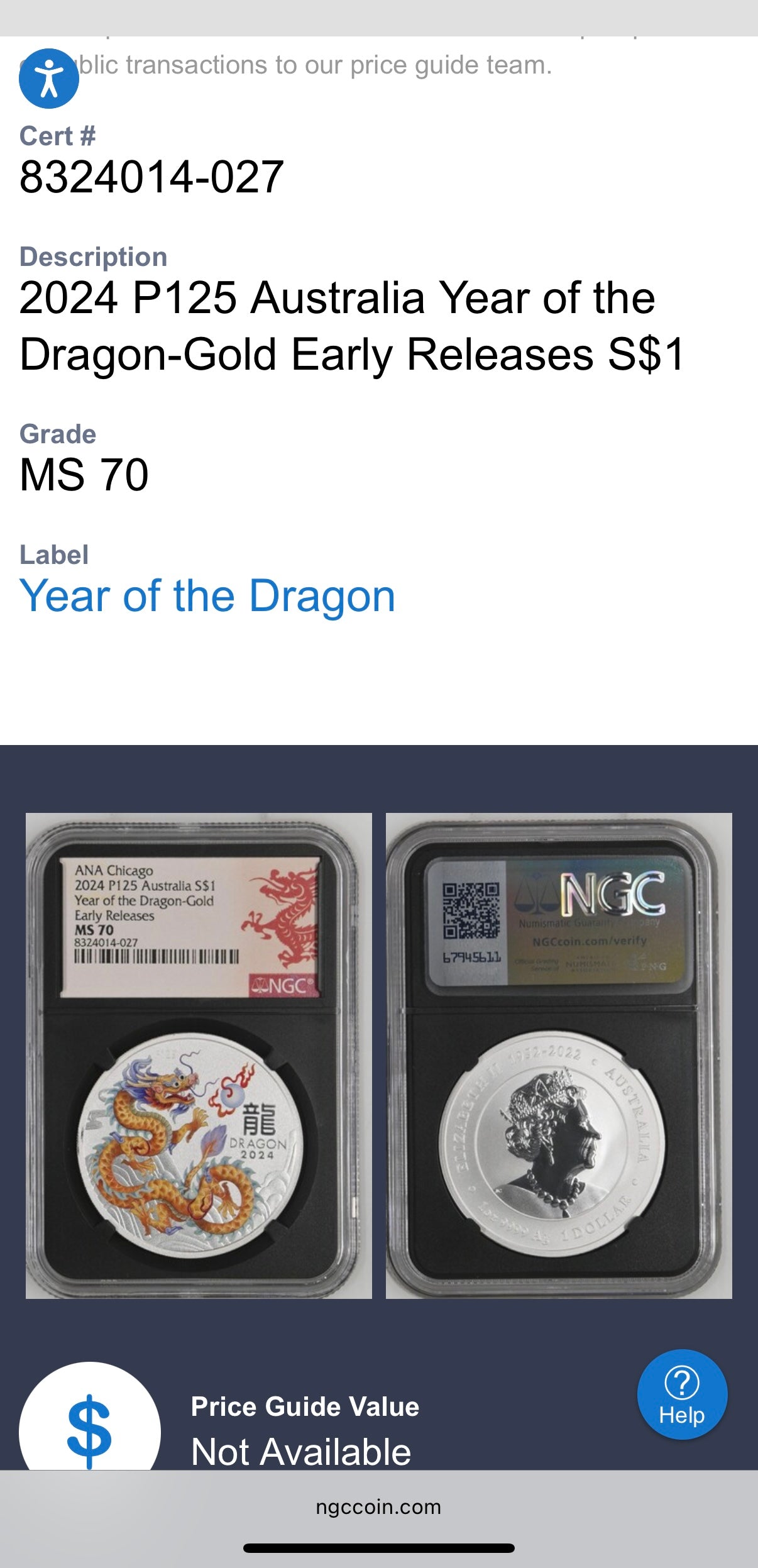 2024 P125 Silver $1 Australia Lunar Series III Year of the Dragon Gold Colorized NGC MS70 Early Releases ANA Chicago Red Lunar Label Black Core New Holder (Rare 1 of 138)