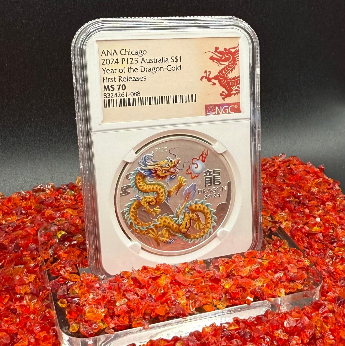 2024 P125 Silver $1 Australia Lunar Series III Year of the Dragon Gold Colorized NGC MS70 First Releases ANA Chicago Red Lunar Label New Holder (Rare 1 of 200)