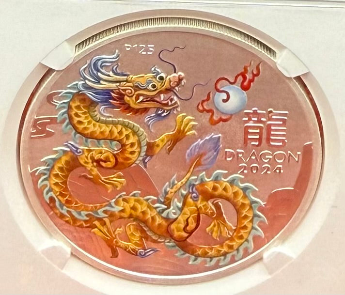 2024 P125 Silver $1 Australia Lunar Series III Year of the Dragon Gold Colorized NGC MS70 First Releases ANA Chicago Red Lunar Label New Holder (Rare 1 of 200)