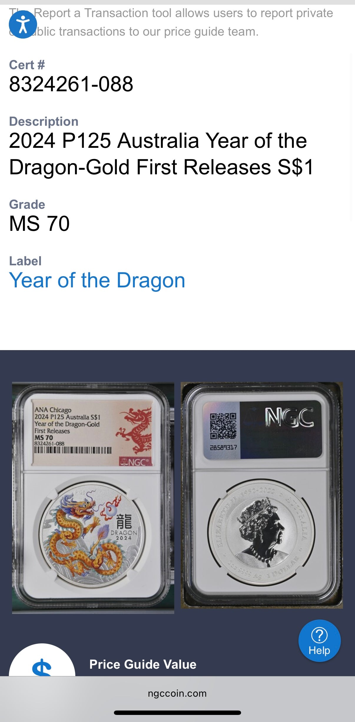 2024 P125 Silver $1 Australia Lunar Series III Year of the Dragon Gold Colorized NGC MS70 First Releases ANA Chicago Red Lunar Label New Holder (Rare 1 of 200)