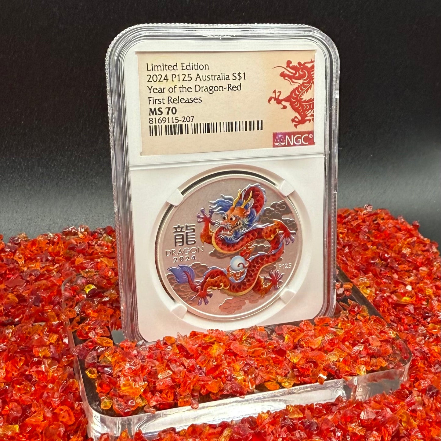 2024 P125 Silver $1 Australia Lunar Series III Year of the Dragon Red Colorized NGC MS70 First Releases Limited Edition Red Lunar Label New Holder (Rare 1 of 119)