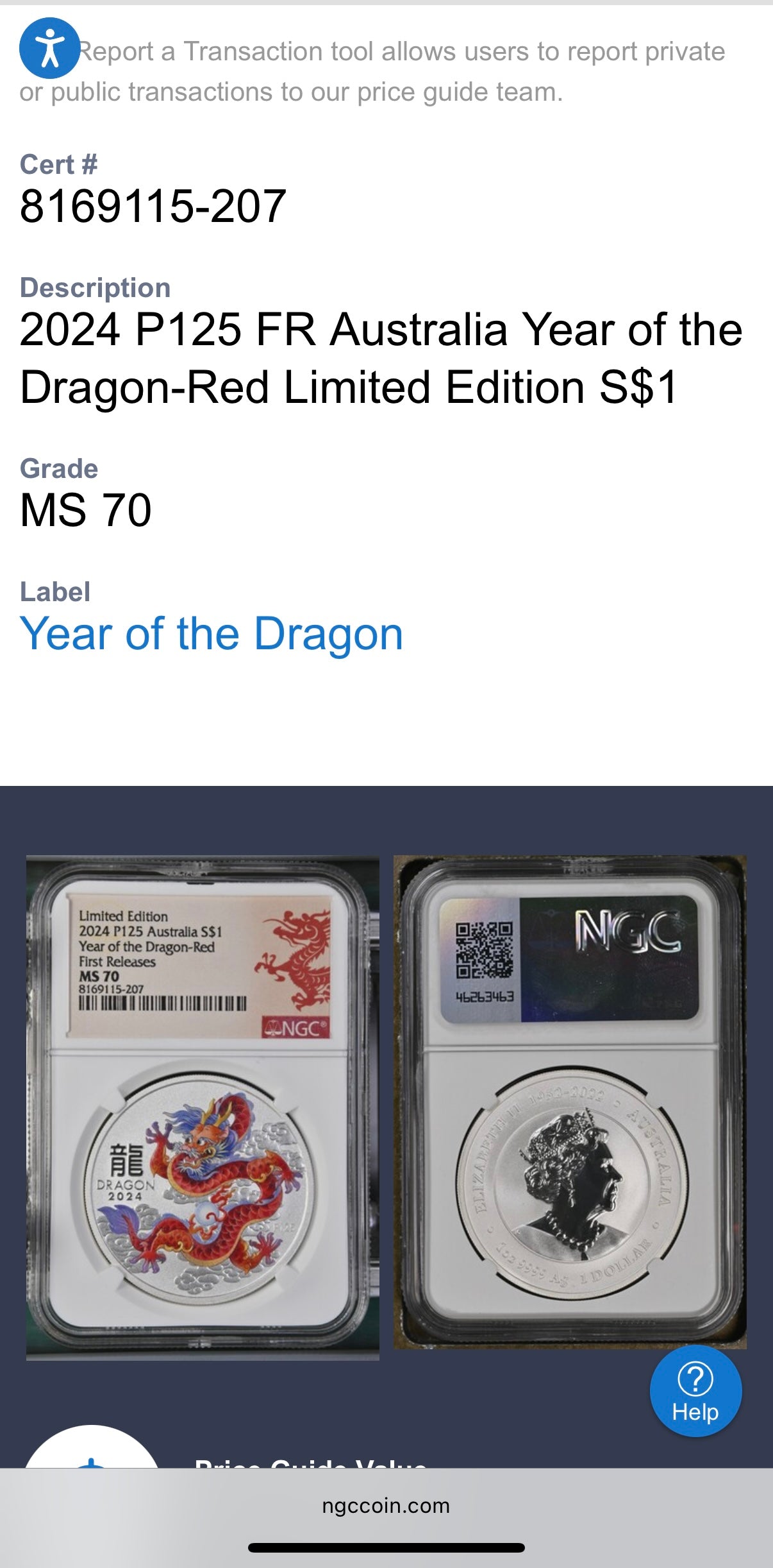 2024 P125 Silver $1 Australia Lunar Series III Year of the Dragon Red Colorized NGC MS70 First Releases Limited Edition Red Lunar Label New Holder (Rare 1 of 119)