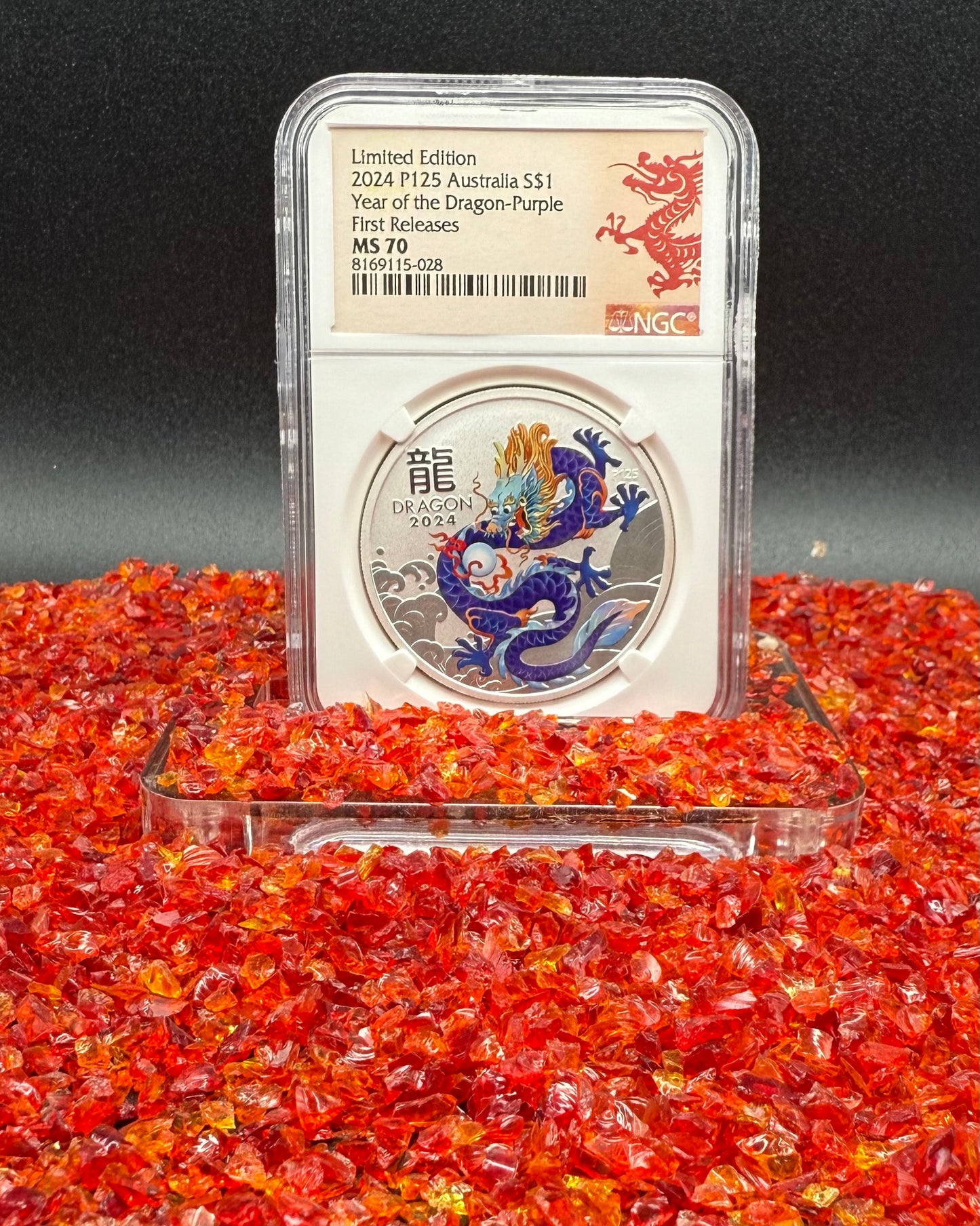 2024 P125 Silver $1 Australia Lunar Series III Year of the Dragon Purple Colorized NGC MS70 First Releases Limited Edition Red Lunar Label New Holder (Rare 1 of 168)