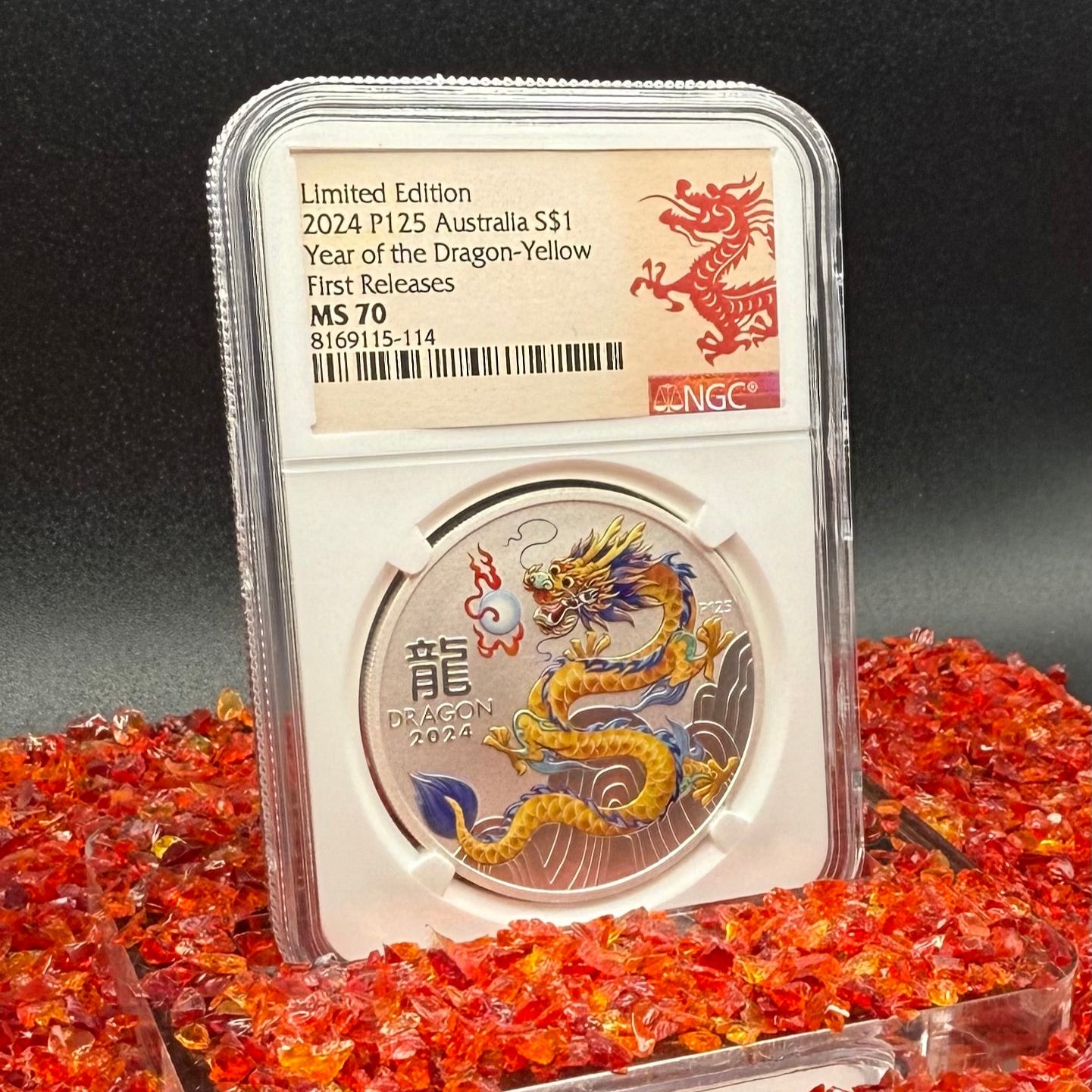 2024 P125 Silver $1 Australia Lunar Series III Year of the Dragon Yellow Colorized NGC MS70 First Releases Limited Edition Red Lunar Label New Holder (Rare 1 of 193)