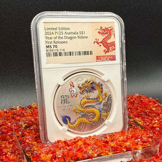 2024 P125 Silver $1 Australia Lunar Series III Year of the Dragon Yellow Colorized NGC MS70 First Releases Limited Edition Red Lunar Label New Holder (Rare 1 of 193)