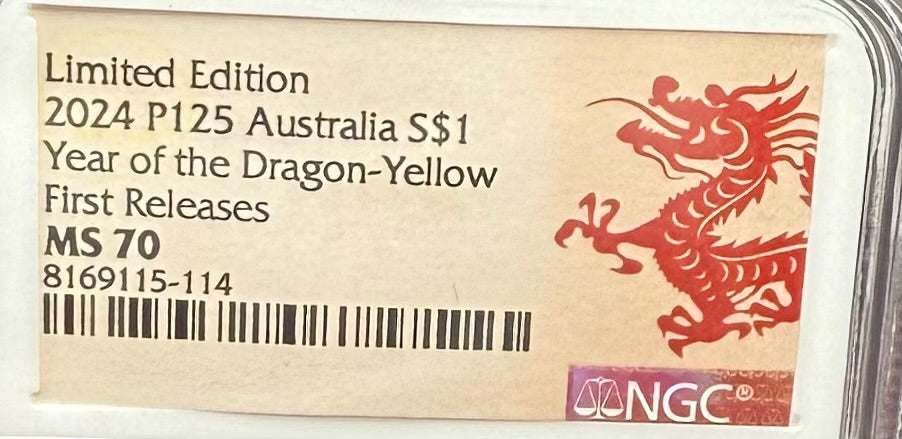 2024 P125 Silver $1 Australia Lunar Series III Year of the Dragon Yellow Colorized NGC MS70 First Releases Limited Edition Red Lunar Label New Holder (Rare 1 of 193)