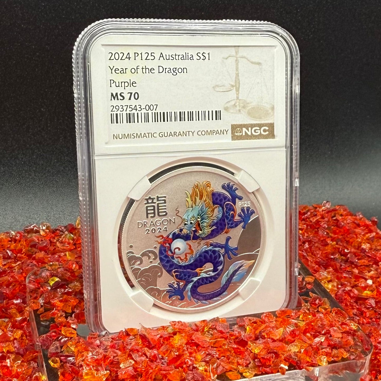 2024 P125 Silver $1 Australia Lunar Series III Year of the Dragon Purple Colorized NGC MS70 Brown Label New Holder (Rare 1 of 34)