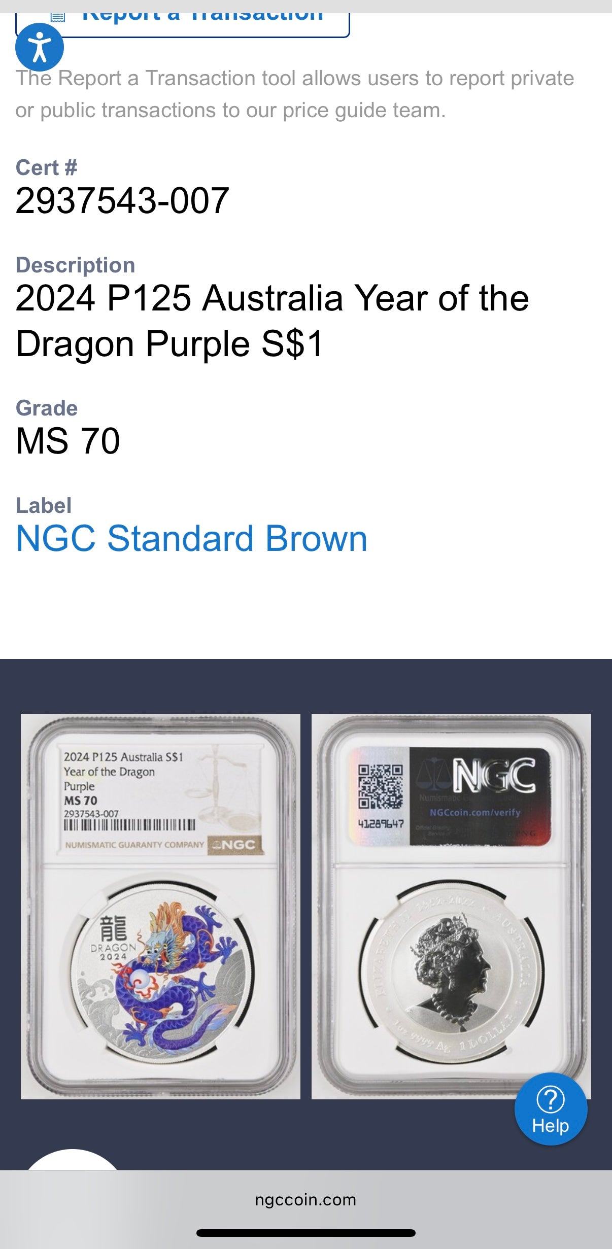 2024 P125 Silver $1 Australia Lunar Series III Year of the Dragon Purple Colorized NGC MS70 Brown Label New Holder (Rare 1 of 34)