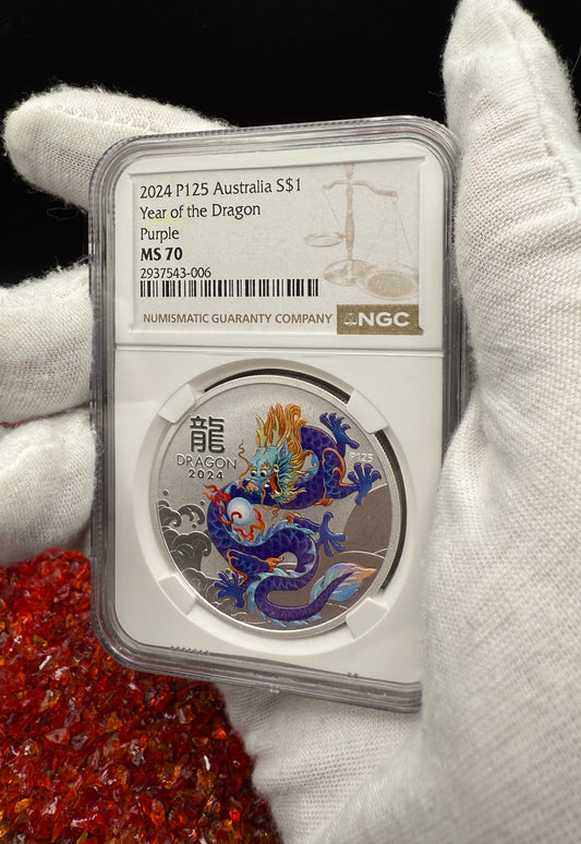2024 P125 Silver $1 Australia Lunar Series III Year of the Dragon Purple Colorized NGC MS70 Brown Label New Holder (Rare 1 of 34)