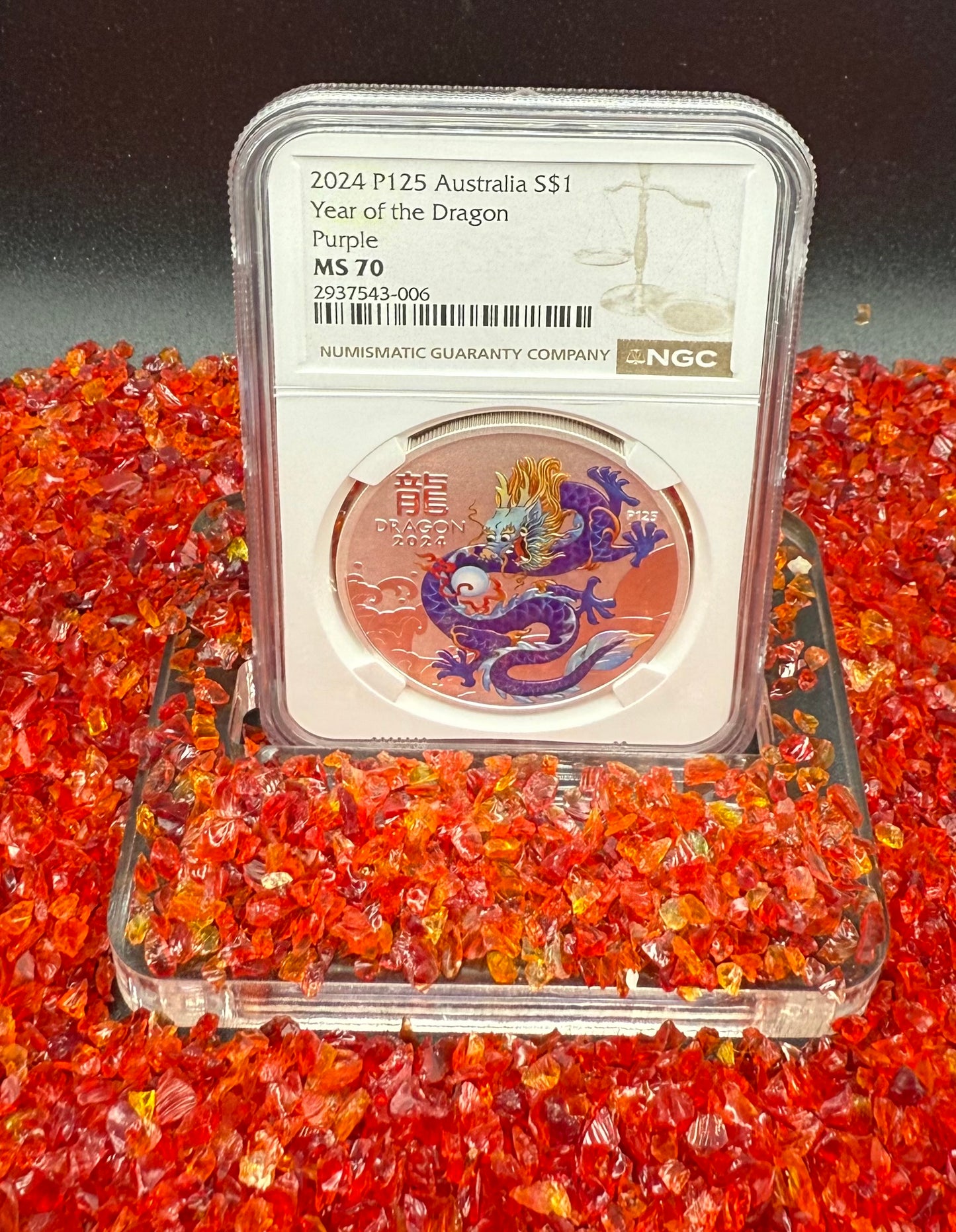 2024 P125 Silver $1 Australia Lunar Series III Year of the Dragon Purple Colorized NGC MS70 Brown Label New Holder (Rare 1 of 34)