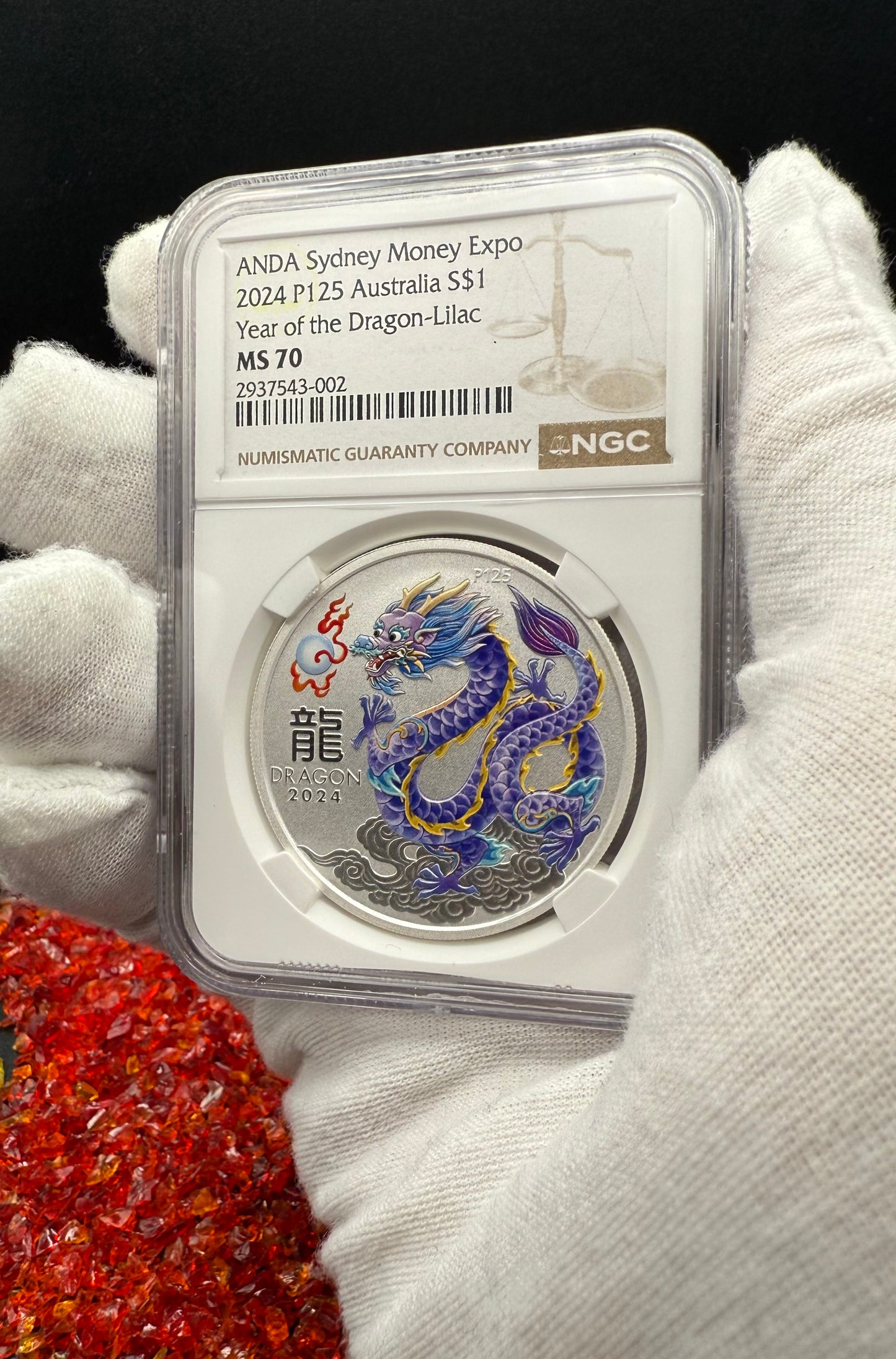 2024 P125 Silver $1 Australia Lunar Series III Year of the Dragon Lilac Colorized NGC MS70 ANDA Sydney Money Expo Brown Label New Holder (Rare 1 of 237)