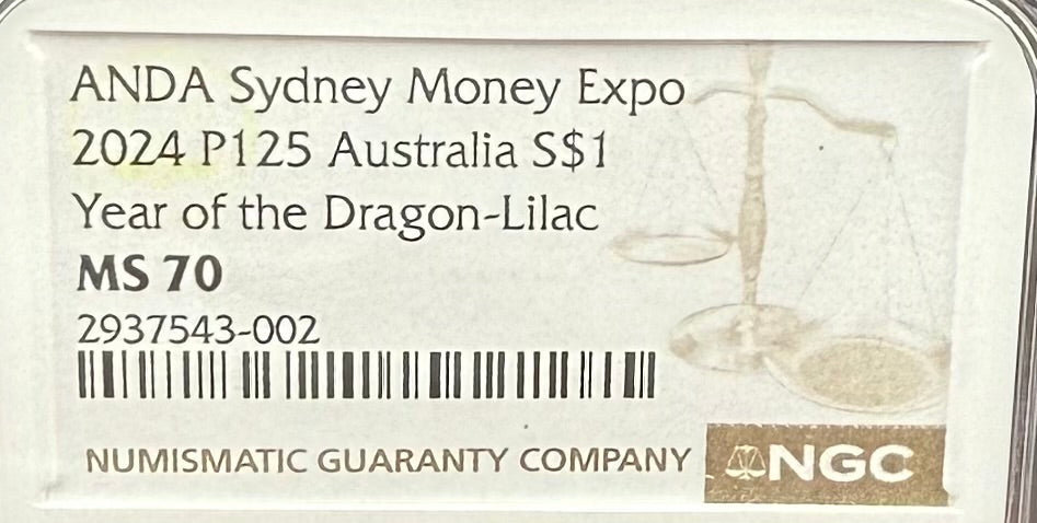 2024 P125 Silver $1 Australia Lunar Series III Year of the Dragon Lilac Colorized NGC MS70 ANDA Sydney Money Expo Brown Label New Holder (Rare 1 of 237)