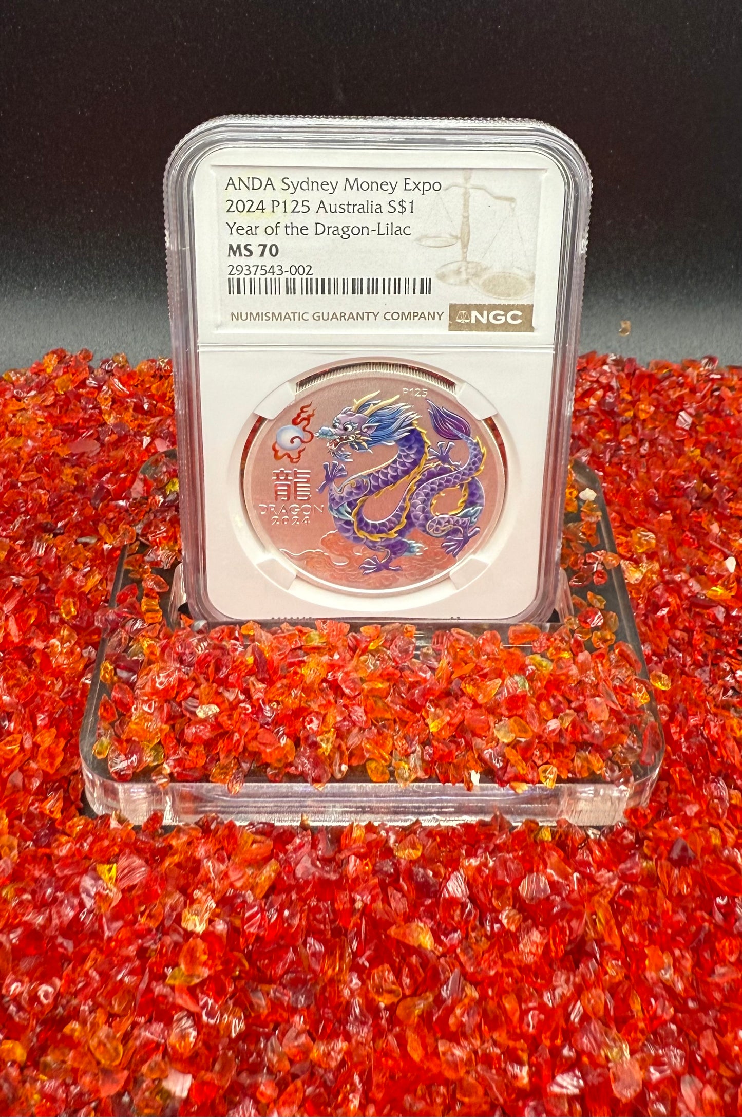2024 P125 Silver $1 Australia Lunar Series III Year of the Dragon Lilac Colorized NGC MS70 ANDA Sydney Money Expo Brown Label New Holder (Rare 1 of 237)