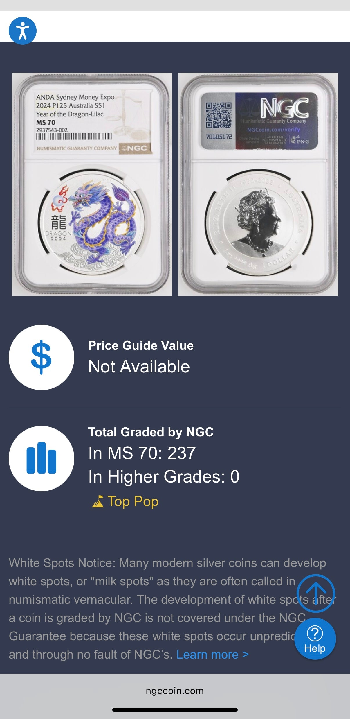 2024 P125 Silver $1 Australia Lunar Series III Year of the Dragon Lilac Colorized NGC MS70 ANDA Sydney Money Expo Brown Label New Holder (Rare 1 of 237)