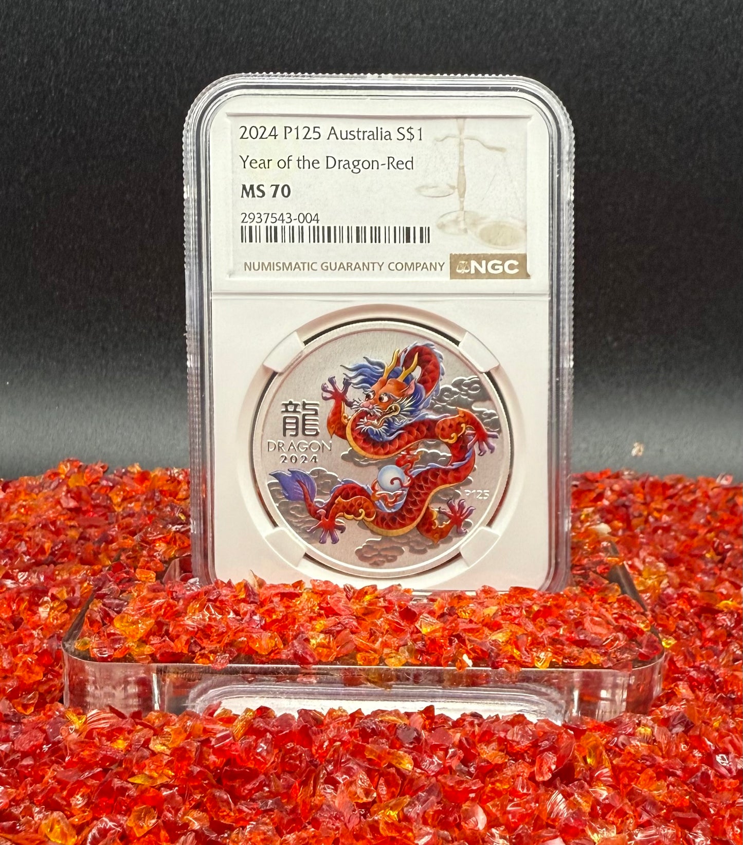 2024 P125 Silver $1 Australia Lunar Series III Year of the Dragon Red Colorized NGC MS70 Brown Label New Holder (Rare 1 of 90)