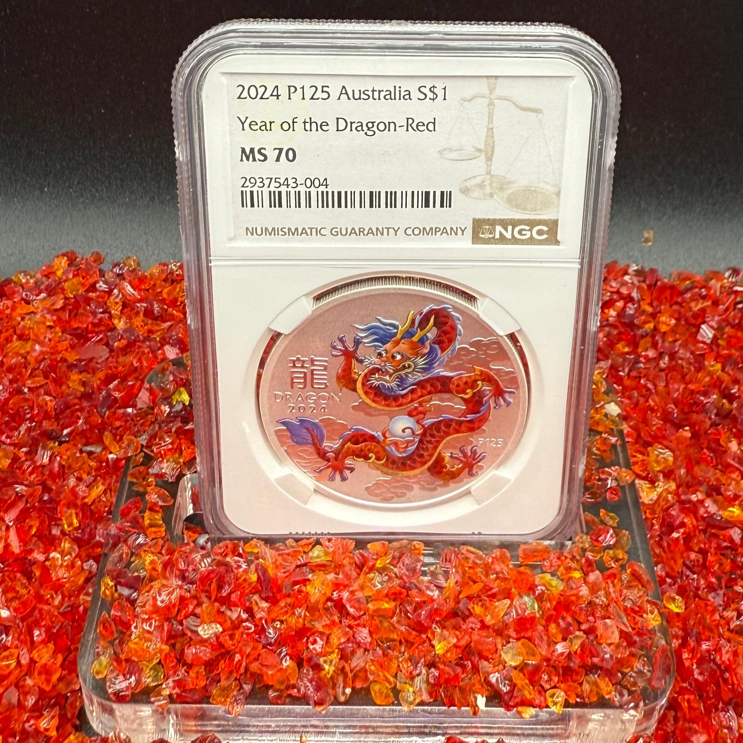 2024 P125 Silver $1 Australia Lunar Series III Year of the Dragon Red Colorized NGC MS70 Brown Label New Holder (Rare 1 of 90)