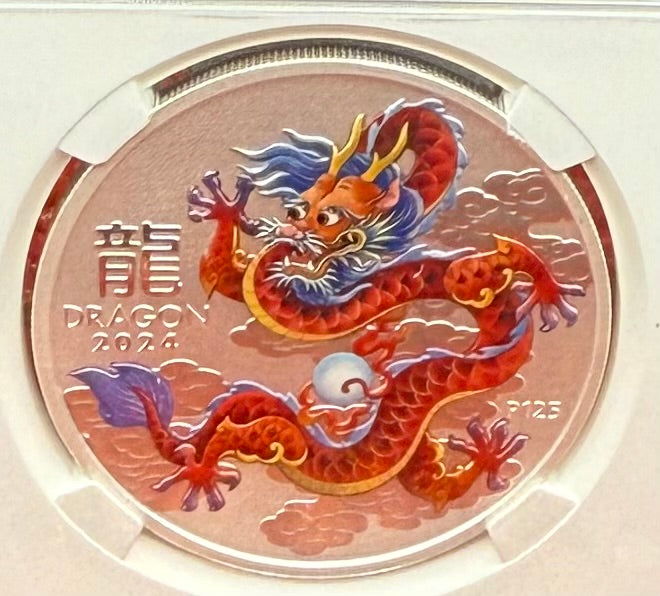 2024 P125 Silver $1 Australia Lunar Series III Year of the Dragon Red Colorized NGC MS70 Brown Label New Holder (Rare 1 of 90)