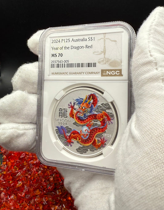 2024 P125 Silver $1 Australia Lunar Series III Year of the Dragon Red Colorized NGC MS70 Brown Label New Holder (Rare 1 of 90)