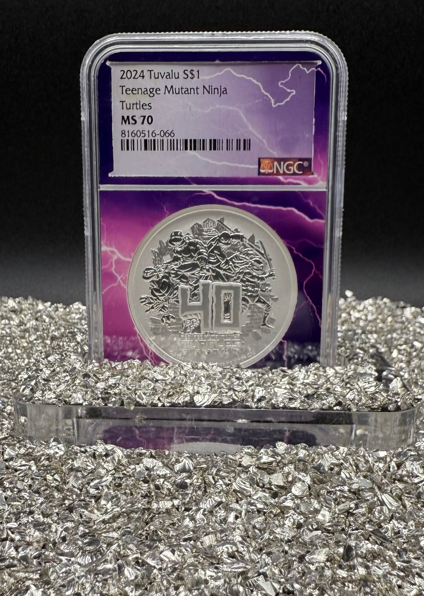 2024 Silver $1 Tuvalu Teenage Mutant Ninja Turtles 40th Anniversary NGC MS70 New Purple Lightening Holder (Rare 1 of 80)