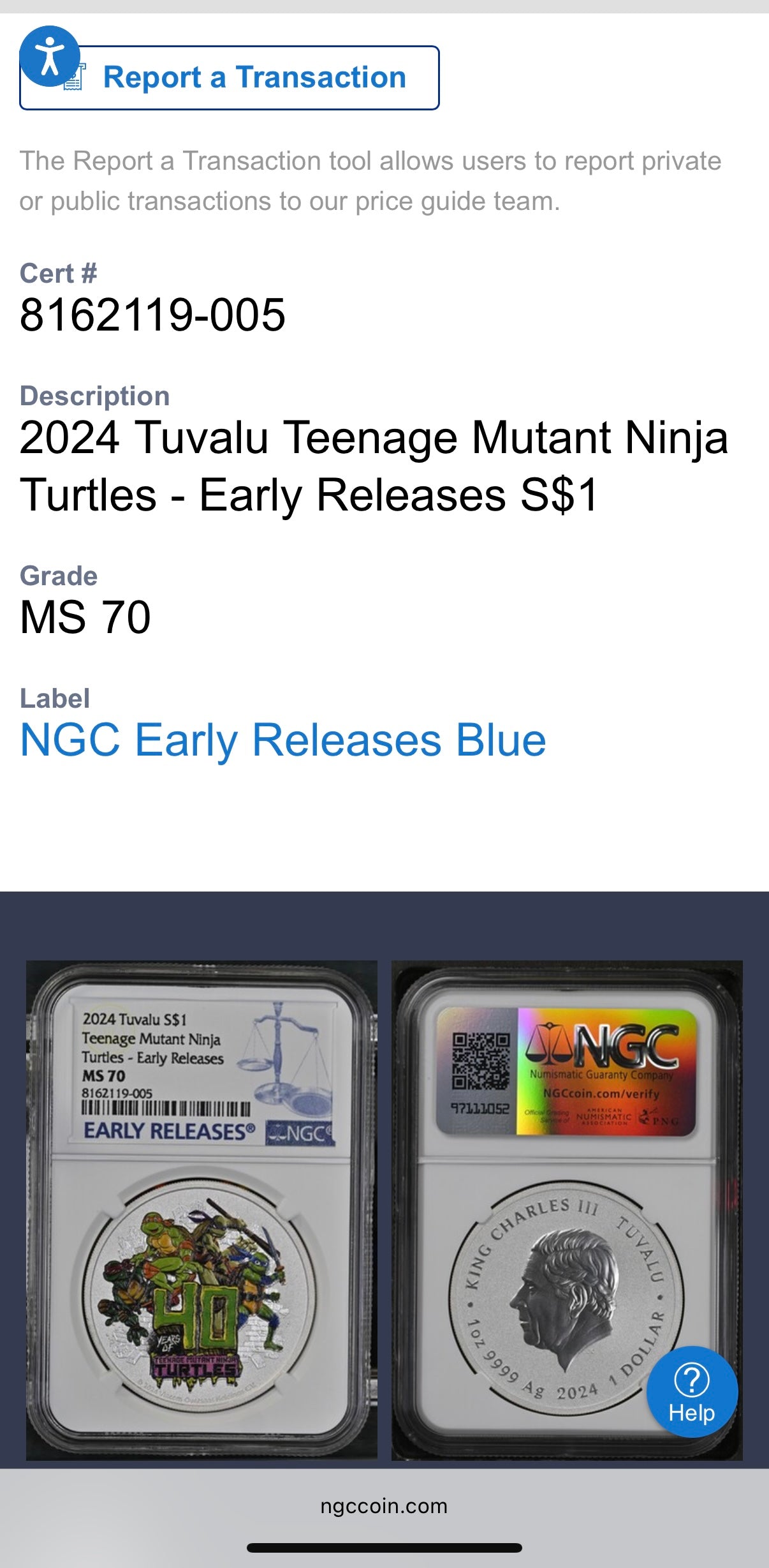 2024 Silver $1 Tuvalu Teenage Mutant Ninja Turtles Colorized 40th Anniversary NGC MS70 Early Releases Blue Label New Holder (Rare 1 of 35)
