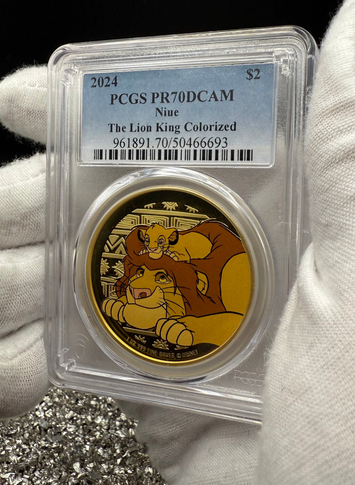Proof 2024 Niue Silver $2 PCGS PR70DCAM NFC Tech Disney's Mufasa & Simba The Lion King Colorized Gilded Gold Blue Label (Rare 1 of 10)