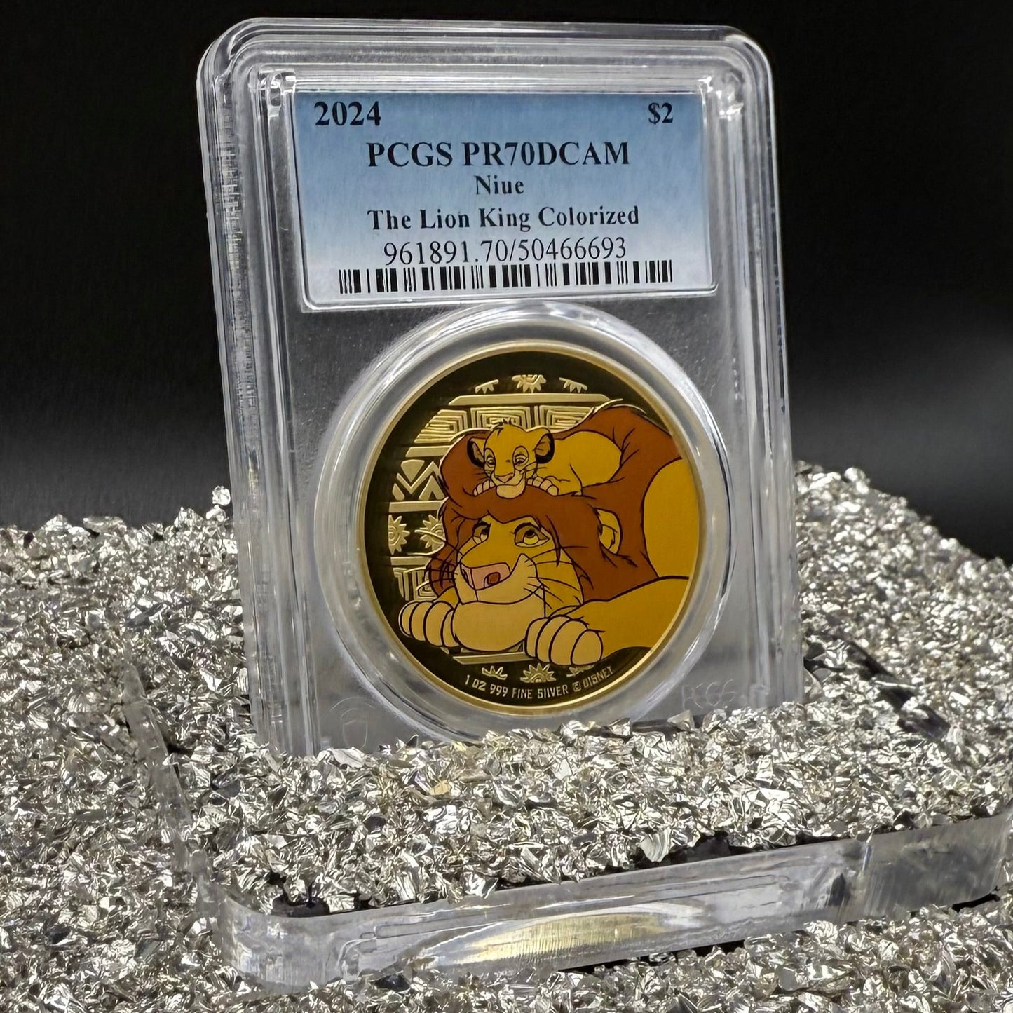 Proof 2024 Niue Silver $2 PCGS PR70DCAM NFC Tech Disney's Mufasa & Simba The Lion King Colorized Gilded Gold Blue Label (Rare 1 of 10)
