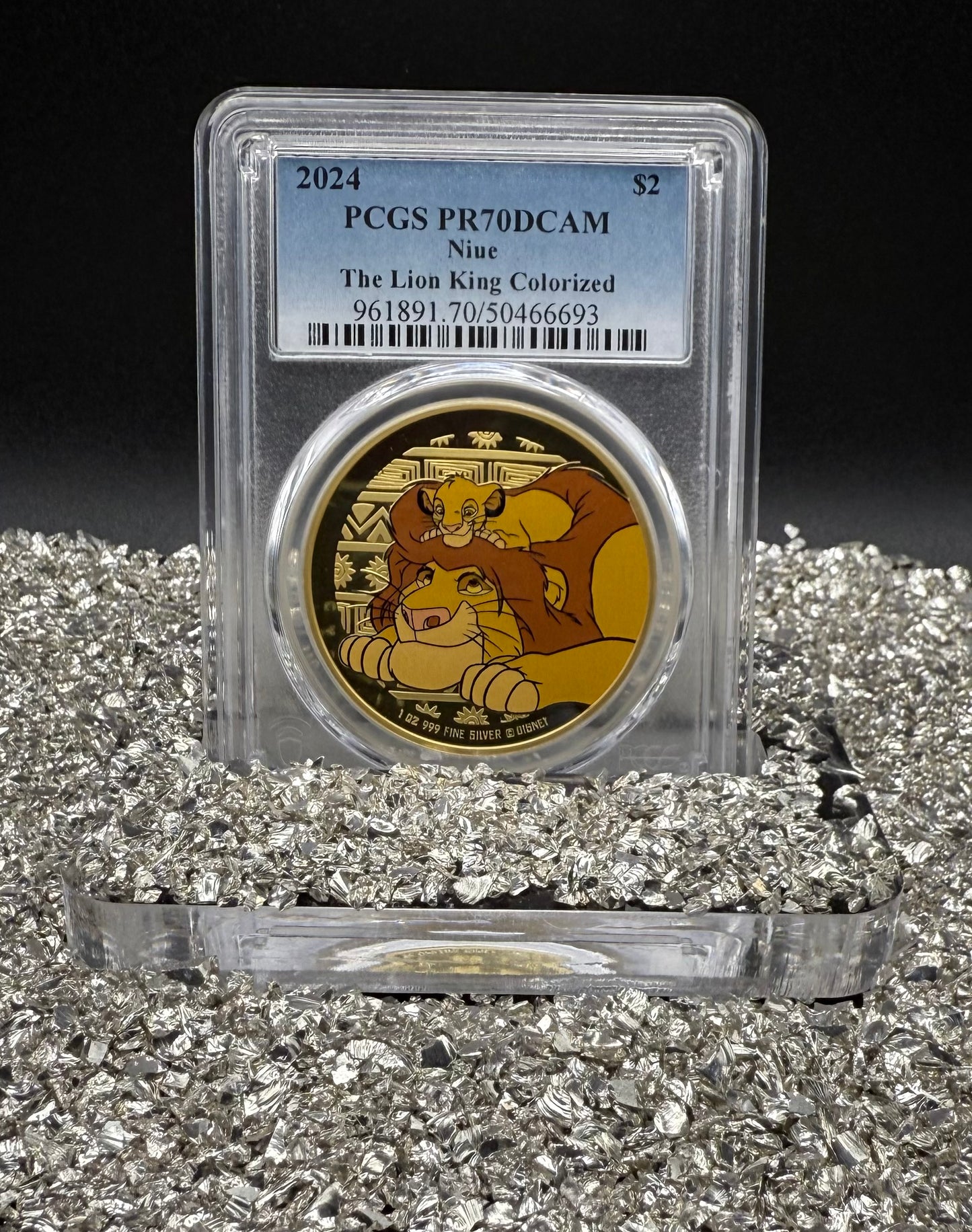Proof 2024 Niue Silver $2 PCGS PR70DCAM NFC Tech Disney's Mufasa & Simba The Lion King Colorized Gilded Gold Blue Label (Rare 1 of 10)