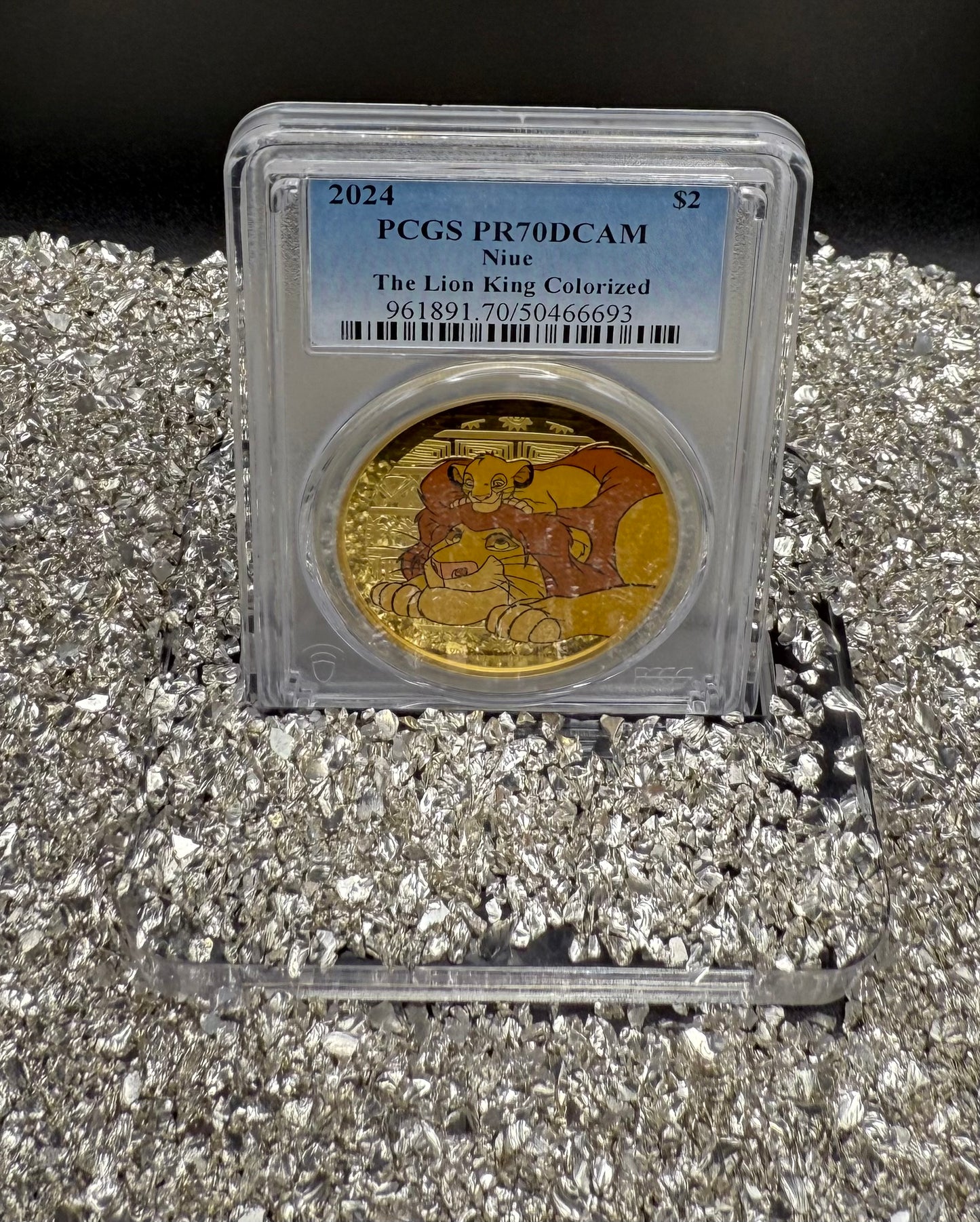 Proof 2024 Niue Silver $2 PCGS PR70DCAM NFC Tech Disney's Mufasa & Simba The Lion King Colorized Gilded Gold Blue Label (Rare 1 of 10)