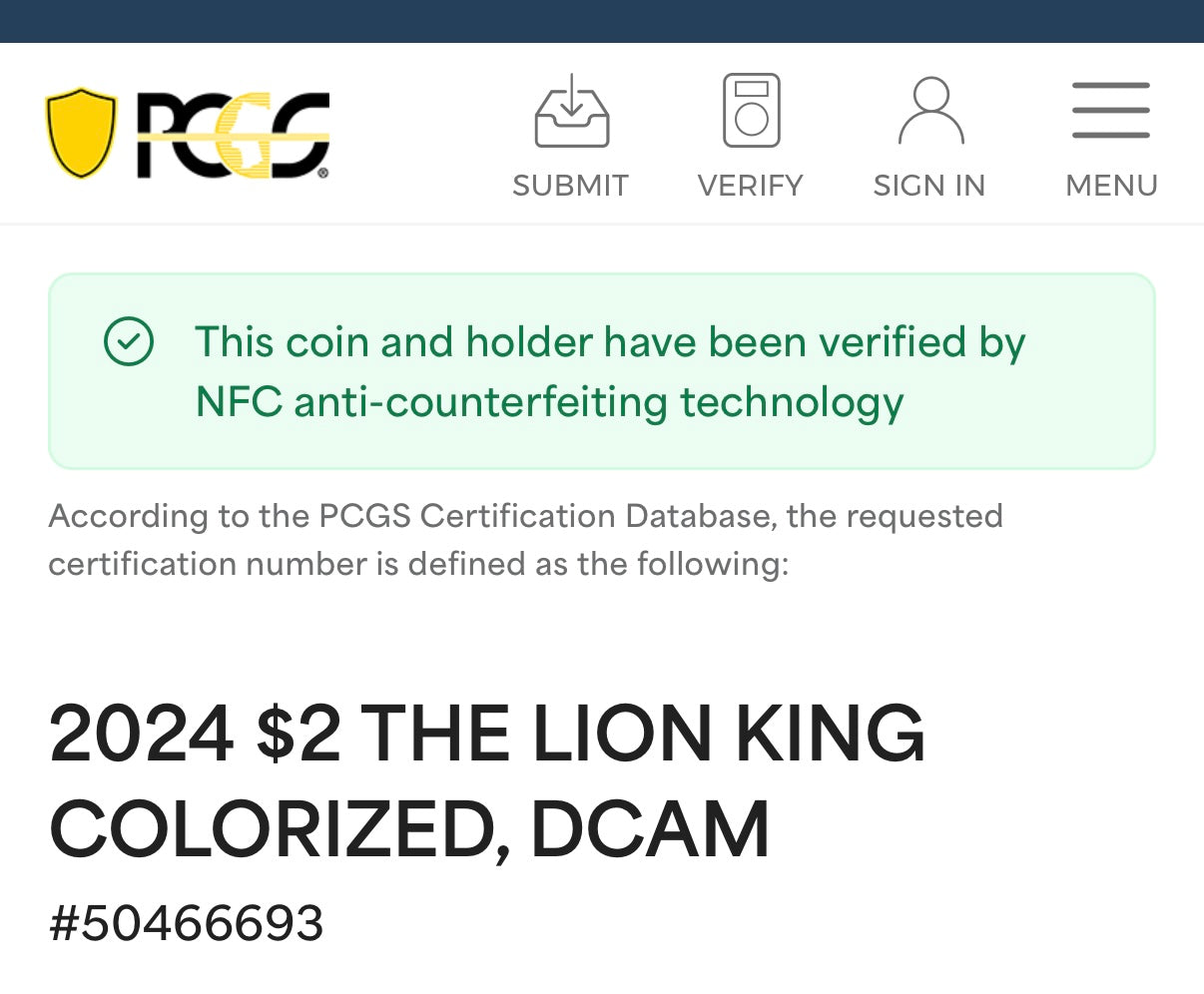Proof 2024 Niue Silver $2 PCGS PR70DCAM NFC Tech Disney's Mufasa & Simba The Lion King Colorized Gilded Gold Blue Label (Rare 1 of 10)