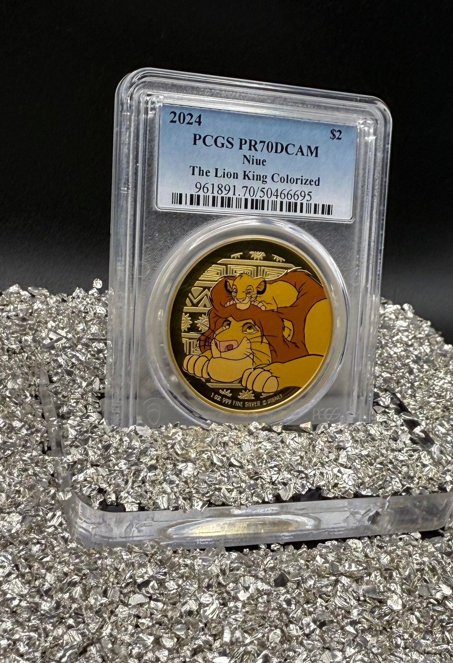 Proof 2024 Niue Silver $2 PCGS PR70DCAM NFC Tech Disney's Mufasa & Simba The Lion King Colorized Gilded Gold Blue Label (Rare 1 of 10)