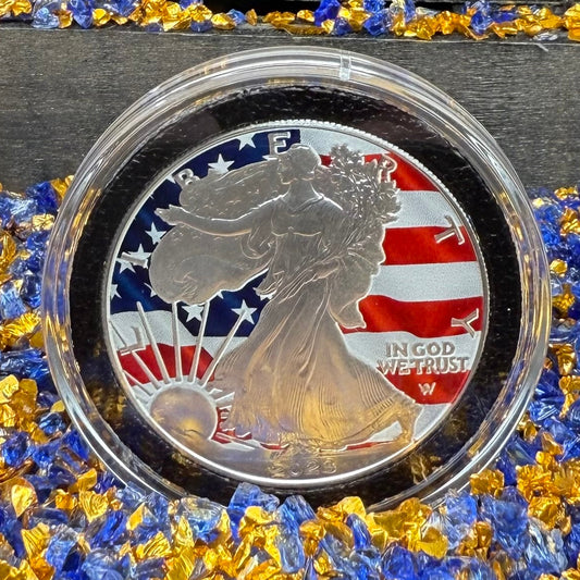 Colorized American Flag 2023 $1 American Silver Eagle Coin Brilliant Uncirculated Excellent Condition Satin Finish Includes New Capsule, COA & Wooden Treasure Box