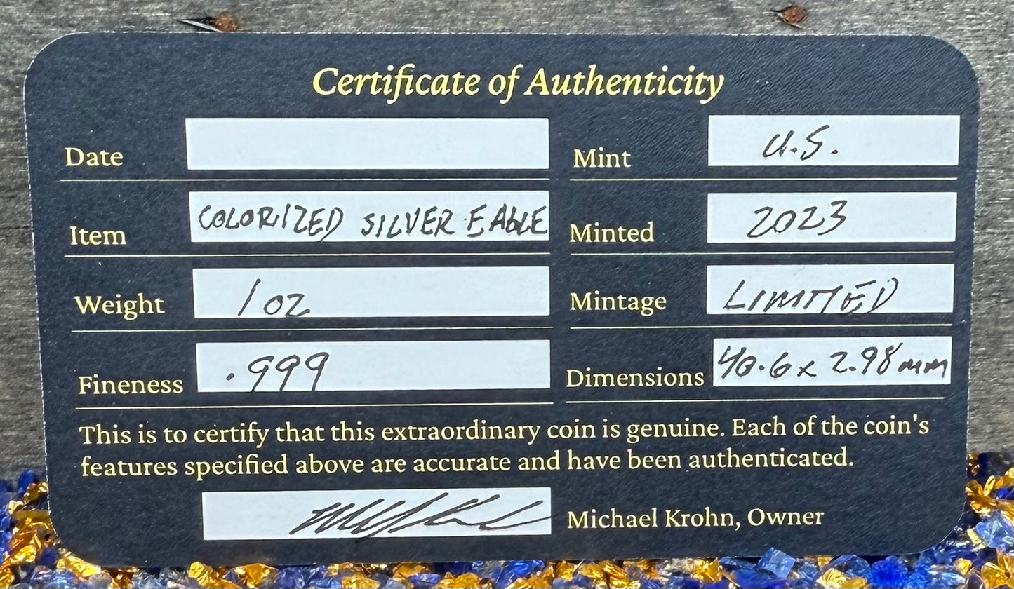 Colorized American Flag 2023 $1 American Silver Eagle Coin Brilliant Uncirculated Excellent Condition Satin Finish Includes New Capsule, COA & Wooden Treasure Box