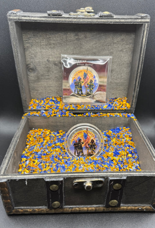 Colorized American Heroes September 11th 2001 $1 American Silver Eagle Coin Brilliant Uncirculated Excellent Condition Satin Finish Includes New Capsule, COA & Wooden Treasure Box