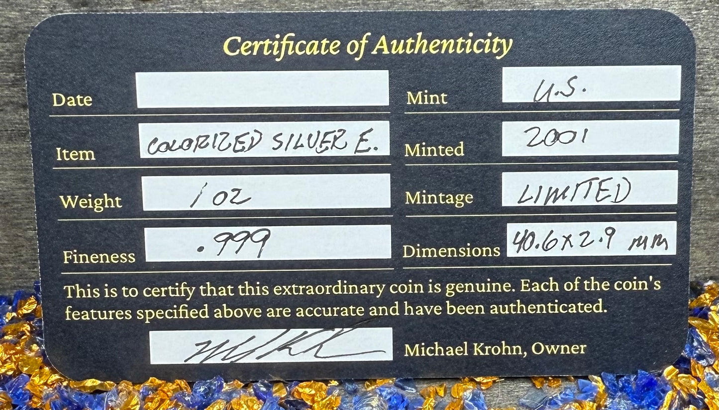 Colorized American Heroes September 11th 2001 $1 American Silver Eagle Coin Brilliant Uncirculated Excellent Condition Satin Finish Includes New Capsule, COA & Wooden Treasure Box