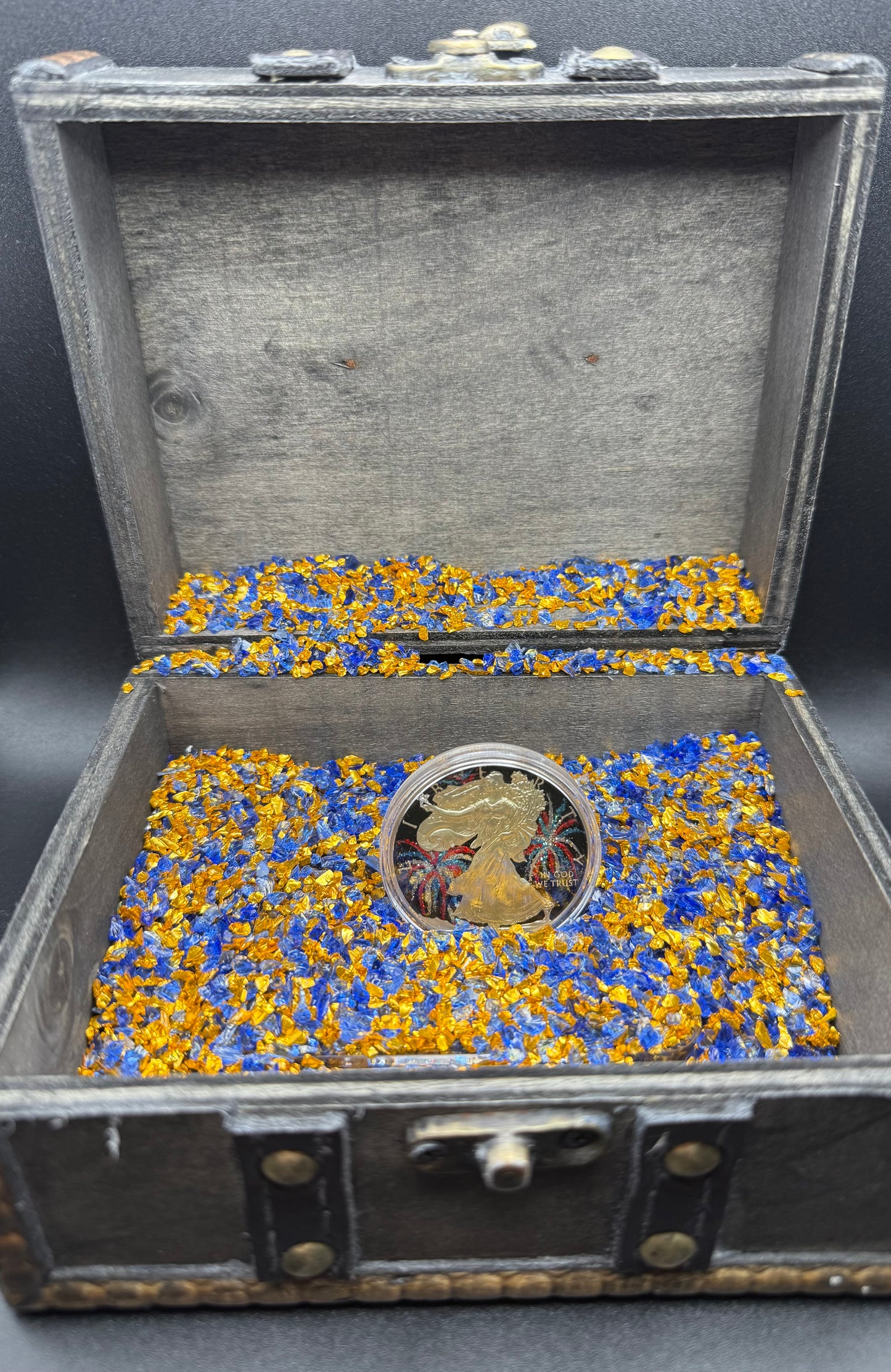 Colorized 4th of July Fireworks Gold Gilded Lady Liberty 2019 $1 American Silver Eagle Coin Brilliant Uncirculated Excellent Condition Satin Finish Includes New Capsule, COA, Littleton Box & Wooden Treasure Box