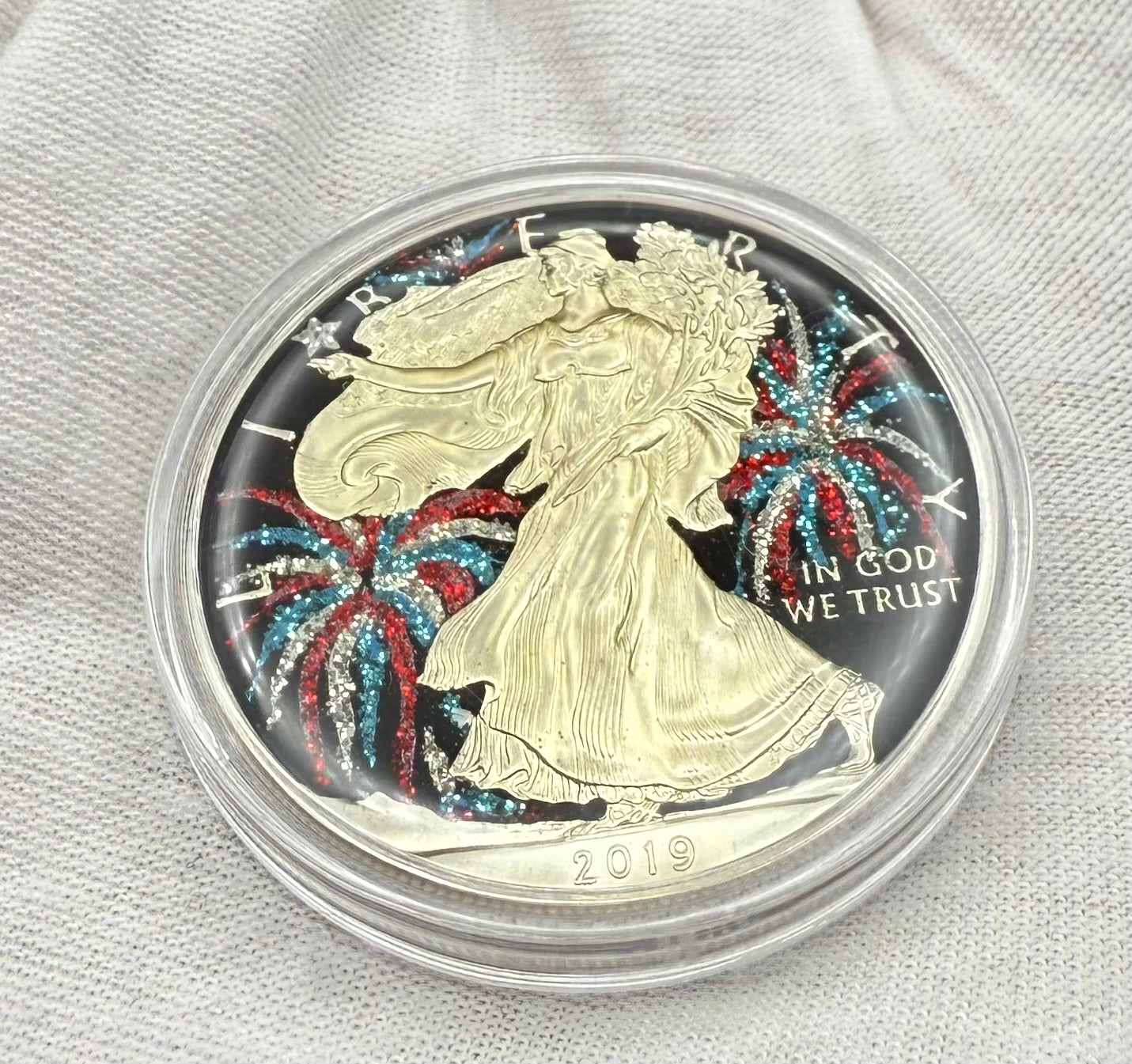 Colorized 4th of July Fireworks Gold Gilded Lady Liberty 2019 $1 American Silver Eagle Coin Brilliant Uncirculated Excellent Condition Satin Finish Includes New Capsule, COA, Littleton Box & Wooden Treasure Box