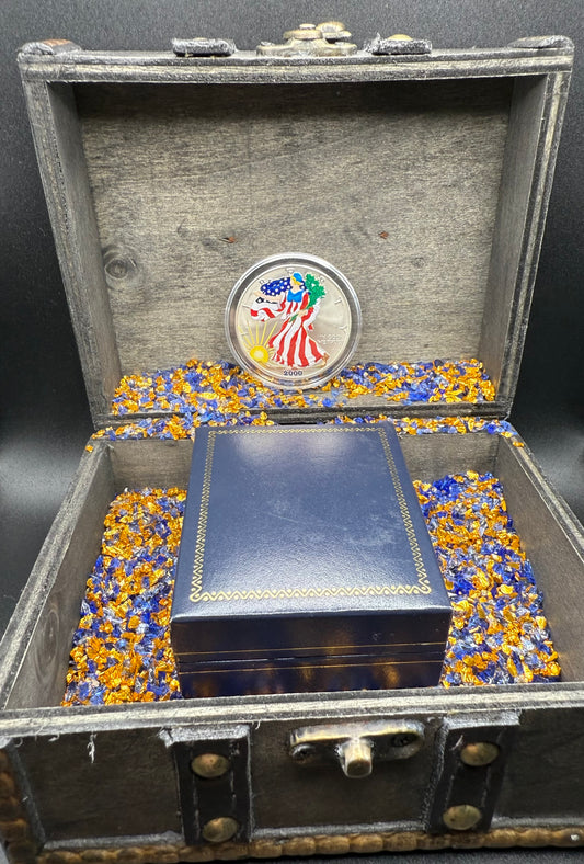 Colorized Hand Painted 2000 $1 American Silver Eagle Coin Brilliant Uncirculated Excellent Condition Satin Finish Includes New Capsule, COA, Coin Box & Wooden Treasure Box
